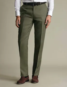 Slim Fit Pure Linen Flat Front Trousers Olive male - Charles Tyrwhitt - FashionsVida