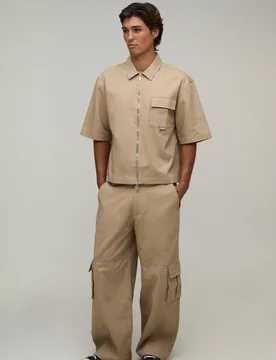 Mens Oversized Half Sleeve Overshirt & Baggy Trouser Cargo Set - Beige Cotton - Size Small - boohooMAN - FashionsVida