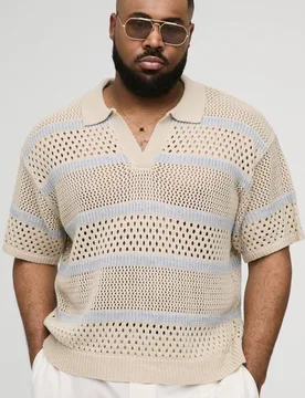 Herren Plus Boxy Oversized Streifen Open Knit Poloshirt Stone Größe 2XL - boohooMAN - FashionsVida