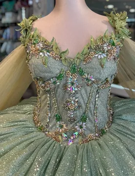 Shiny Green Quinceanera Dress off-shoulder Glitter Crystal Pearl Decal Long tail Bow vestidos de 15 Quinceanera ﻿Customize - Aliexpress - FashionsVida