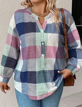 Talla grande Blusa con estampado de cuadros de hombros caídos con botón 3XL - Shein - FashionsVida