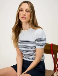 Pure Cotton Striped Scallop Edge Knitted Top Blue Mix female