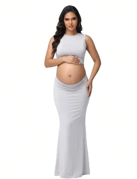 Conjunto de 2 piezas de top corto sin mangas de unicolor + falda para maternidad, adecuado para fotos, baby shower, fiesta de verano L - Shein - FashionsVida