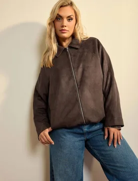 Women's Faux Suede Bomber Jacket in Chocolate Size: 16 - Chocolate - Size: 16 - Yours - FashionsVida
