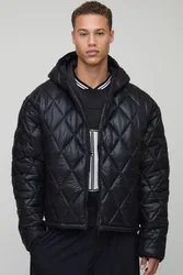 Herren Tall Oversized Boxy High Shine Gesteppte Kapuzen-Stehkragen Pufferjacke Black Größe Medium