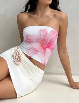 Top tubo casual de mujer con estampado de lirios rosas, adecuado para verano, playa, festivales de música, casual de playa, cómodo, vacaciones, top - Shein - FashionsVida