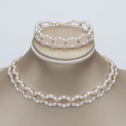 Strands Natural White Pearl Necklace Bracelet Sets For Women