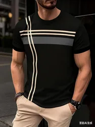 Simple Stripe Print Men's T shirts Business Casual O-neck Short Sleeve Tops Fashion Loose Breathable Tees Summer Street Pullover