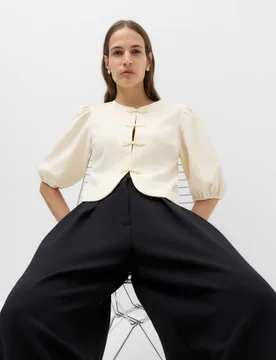 Knot Button Detail Puff Sleeve Top Ivory female - M&S - FashionsVida