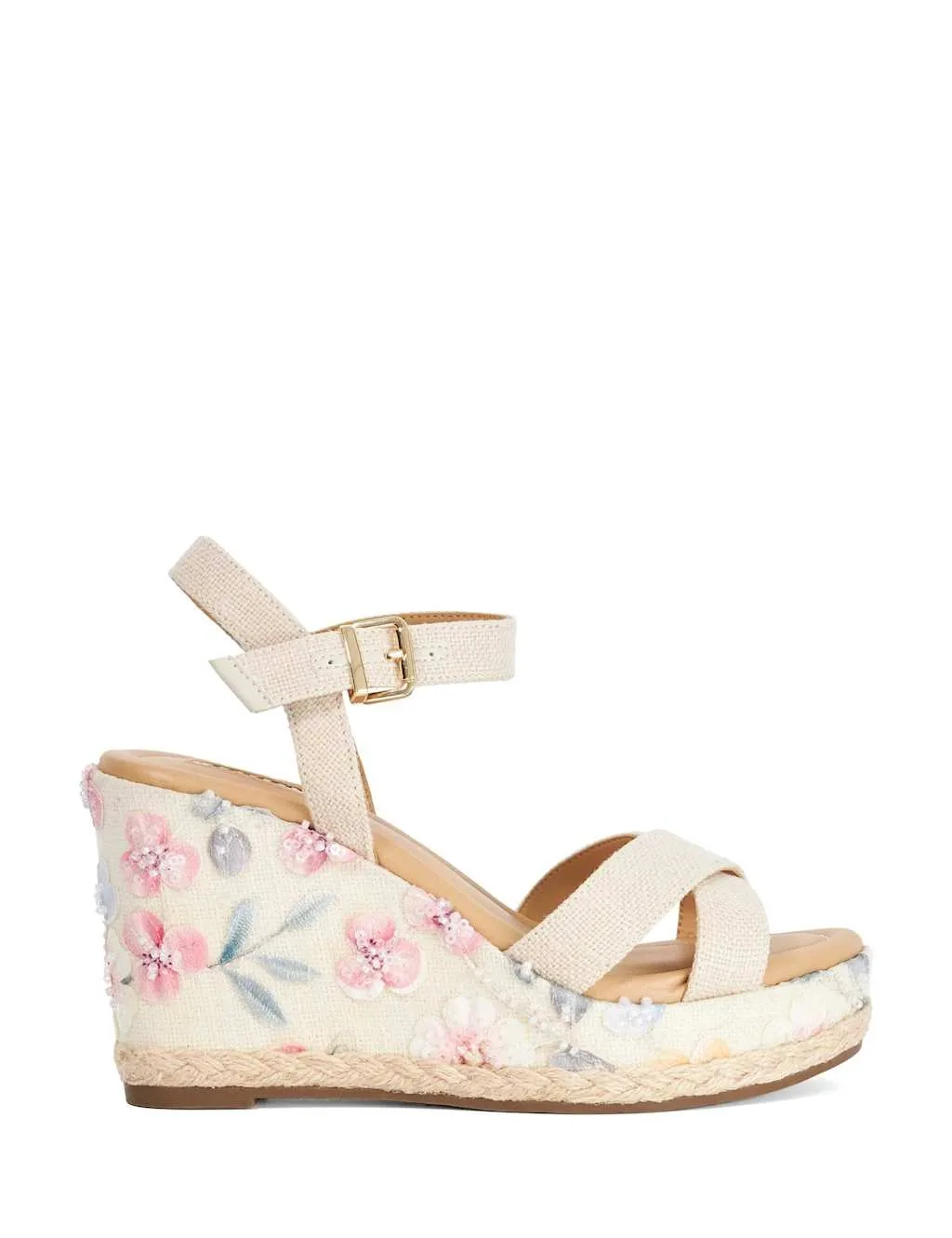 Floral Ankle Strap Wedge Sandals Natural female - Dune london - FashionsVida