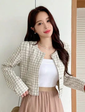 Chaqueta de alta gama de manga larga y cuello redondo a cuadros de longitud corta para mujer, ropa de mujer de otoño XL - Shein - FashionsVida