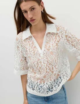 Cotton Blend Lace Collared Top Soft White female - M&S - FashionsVida