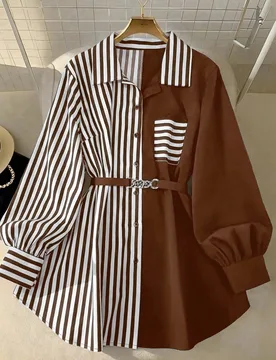 Camisa casual holgada de mujer talla grande a rayas y en patchwork 1XL - Shein - FashionsVida