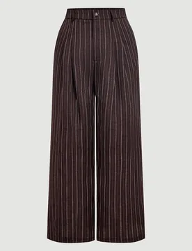 Pantalones de traje elegantes para mujer con rayas finas marrones, corte de pierna ancha, adecuados para uso en la oficina, atuendo de otoño, ropa fo - Shein - FashionsVida