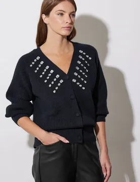Women's Gem Embellished Cardigan Sweater in Black Size: 10-12 - Black - Size: 10-12 - Star by Julien Macdonald - FashionsVida