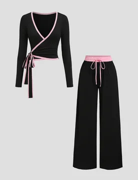 Conjunto de 2 piezas de moda casual diaria para mujer, ajuste slim, estilo deportivo y dulce, con contraste en negro & rosa y cordones XS - Shein - FashionsVida