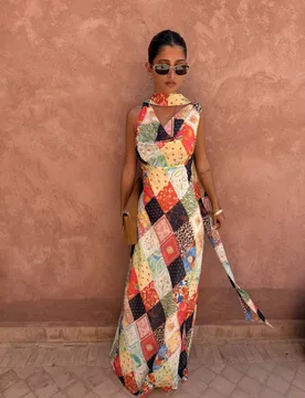 Printed Cowl Neck Maxi Fitted Dress Cream Mix female - Never Fully Dressed - FashionsVida