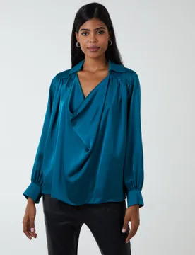 Satin Feel Cowl Neck Blouse - S/M / Bottle Green - female - Blue Vanilla - FashionsVida