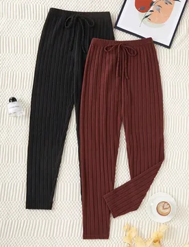 Set de 2 pantalones de punto acanalado suave y liso para mujer, ropa cómoda para el hogar en otoño e invierno - Shein - FashionsVida