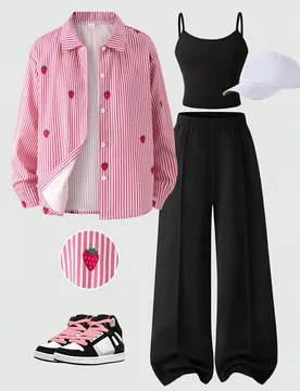 Conjunto de 3 piezas Camisa de manga larga con estampado digital de fresas rosa y blanco, pantalones largos negros, camiseta de tirantes, primavera ve - Shein - FashionsVida