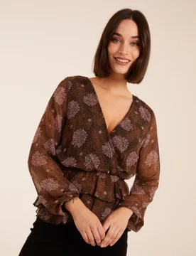Floral Ruffle Wrap Blouse - 10 / BROWN PATTERN - female - Blue Vanilla - FashionsVida