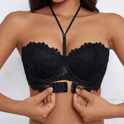 Sujetador push-up sexy de encaje negro con aros, cuello halter y cierre delantero para mujer, 1 pieza 90B