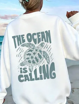 Sudadera de cuello redondo de manga larga con estampado de tortuga para mujer, jersey de punto acanalado de longitud regular, adecuado para uso diario - Shein - FashionsVida