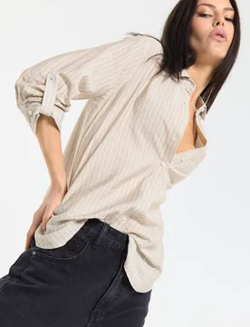 Women's Relaxed Beige Stripe Button Shirt Size: 14 - Beige - Size: 14 - House of Holland - FashionsVida