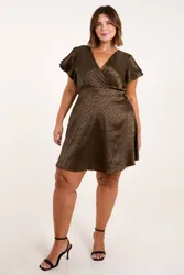 Women's Curve Leopard Jacquard Frill Sleeve Mini in Khaki Size: 18-20 - Khaki - Size: 18-20