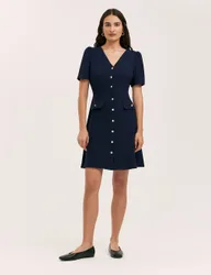 V-Neck Button Through Tailored Dress Navy female