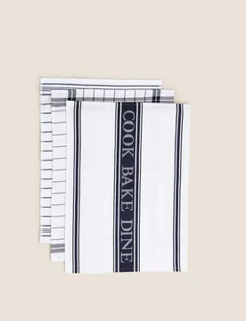 Set of 3 Cotton Rich Striped Tea Towels Blue - M&S - FashionsVida