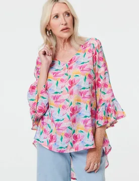 Women's Floral Relaxed 3/4 Flare Sleeve Blouse in Pink Size: 14 - Pink - Size: 14 - Izabel London - FashionsVida