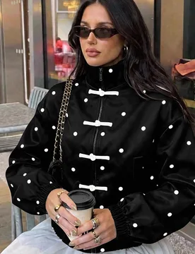 Chaqueta suelta elegante de estilo chino nuevo para mujer con botones de rana e impresión de lunares M - Shein - FashionsVida
