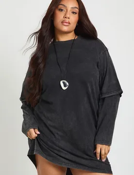 Womens Plus Acid Wash 2-1 Layered T-Shirt Dress - Charcoal - Size 22 Uk - Boohoo - FashionsVida