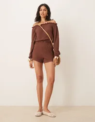 Womens Textured Boxer Short With Shirring Waistband Co Ord In Brown - Size Medium