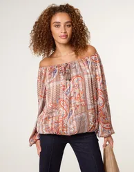 Bardot Puff Ball Blouse - M / MOCHA - female
