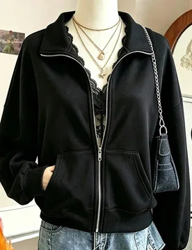 Sudadera casual holgada con cremallera y cuello vuelto para mujer, diseño de bloques de color, otoño/invierno, viaje, escuela, negro S - Shein - FashionsVida