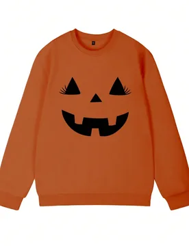 Sudadera de cuello redondo para mujer, nueva, minimalista, de invierno, para vacaciones y Halloween, con estampado de calabaza, color calabaza, estilo - Shein - FashionsVida