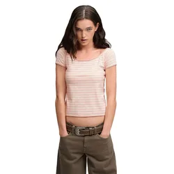 Top A Maniche Corte Bardot Off Shoulder Rose Blush Pink Stripe M