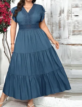 Vestido holgado de manga corta y corte evasé con cuello en V, remiendo de encaje y talla grande 3XL - Shein - FashionsVida