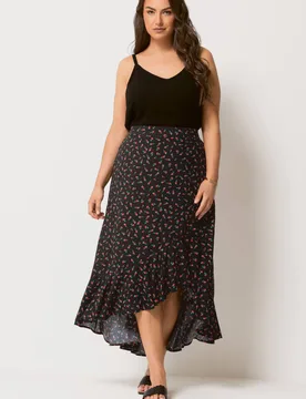 Women's Ditsy Floral Ruffle Maxi Skirt in Black Size: 30-32 - Black - Size: 30-32 - Yours - FashionsVida