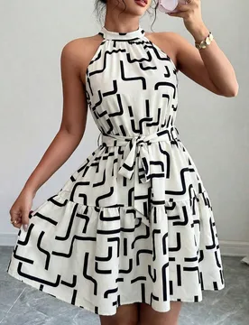 Vestido elegante y casual con diseño de cintura ceñida y estampado geométrico asimétrico en tela de color albaricoque, adecuado para el lugar de t - Shein - FashionsVida