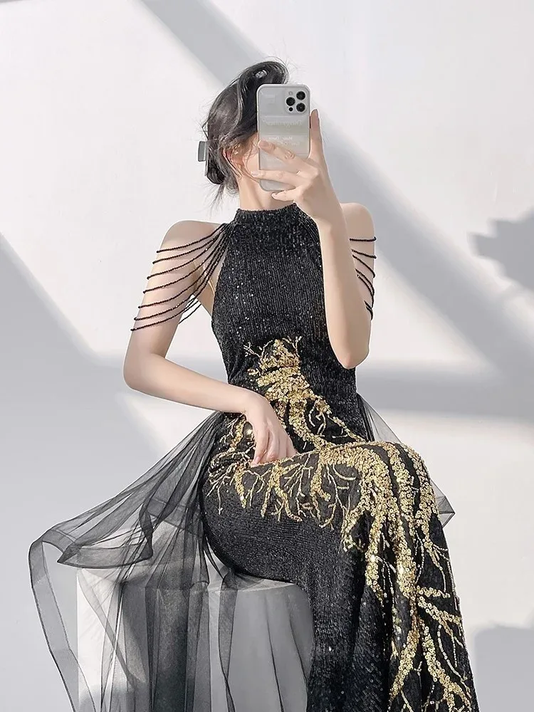 Black halter dress a light luxury and niche fishtail for hosts - Aliexpress - FashionsVida
