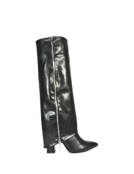 Women's 'Allie' Pointed Toe Knee High Boots With Fold Over in Black Size: 7 - Black - Size: 7 - XY London - FashionsVida