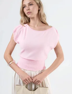 Womens Boat Neck Ribbed Blouse - Light Pink - Size Large - Busem - FashionsVida
