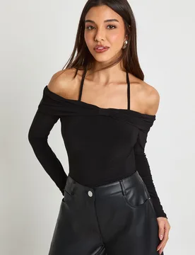 Womens Slinky Bow Bardot Detail Top - Black - Size 12 Uk - Boohoo - FashionsVida