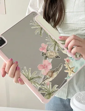 Exquisita y linda funda trasera de acrílico transparente con efecto espejo y cristal, con estampado de árbol de coco, tortuga y flores estilo anime - Shein - FashionsVida