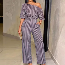 Mono casual sexy y elegante para mujer con cuello asimétrico, cintura ceñida y rayas XL