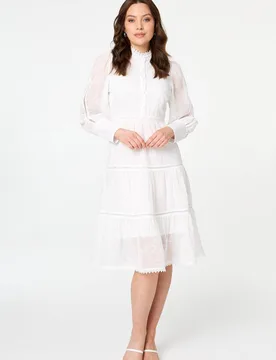 Women's Embroidered Tiered Knee Length Dress in White Size: 14 - White - Size: 14 - Izabel London - FashionsVida