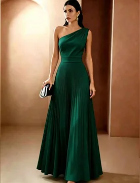 Vestido de fiesta de noche para novia, color liso, de un solo hombro, plisado, elegante, con cintura ceñida, regalo para boda en otoño L - Shein - FashionsVida